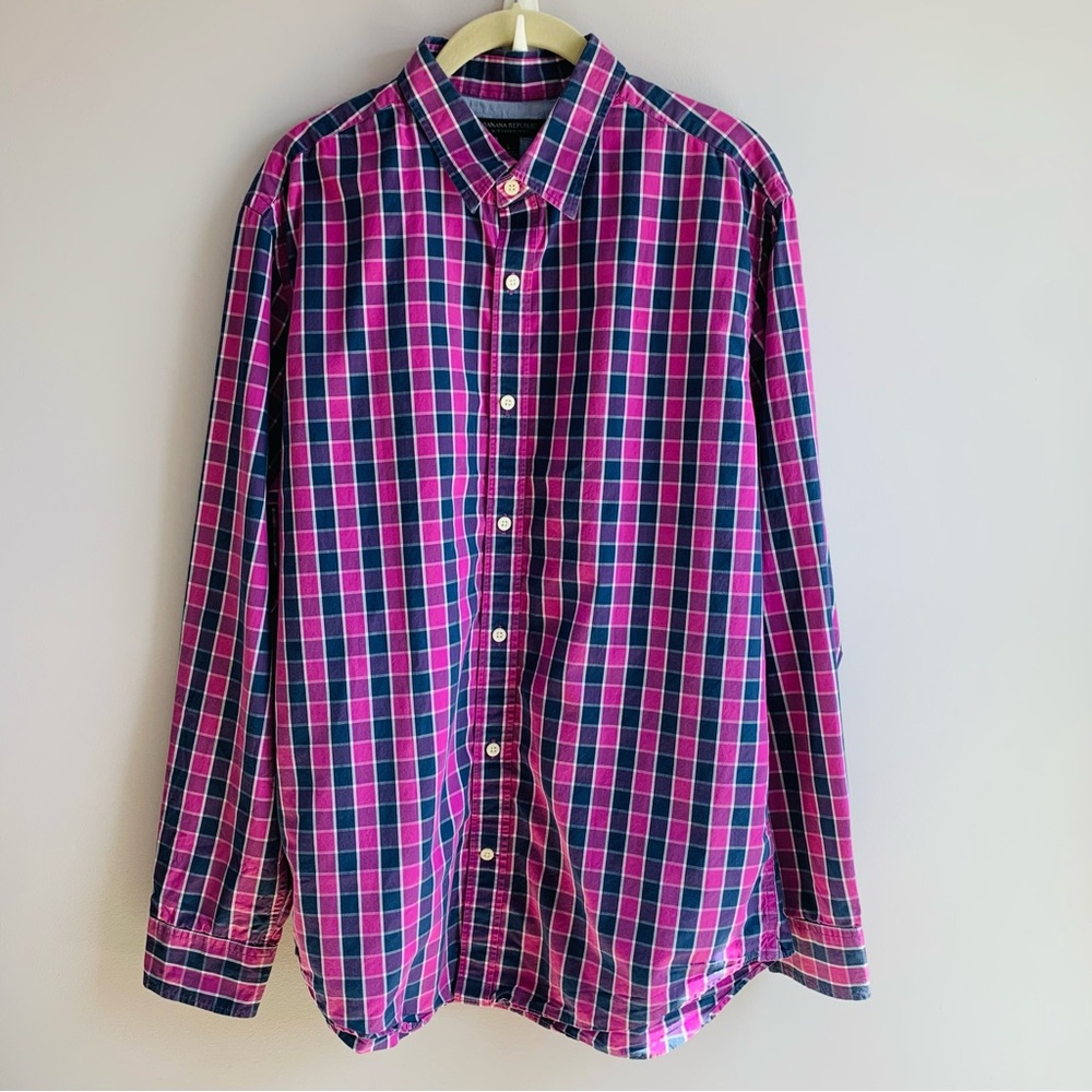 Banana Republic Button Up Shirt Pink Navy Check Soft Cotton EUC Slim Fit Large